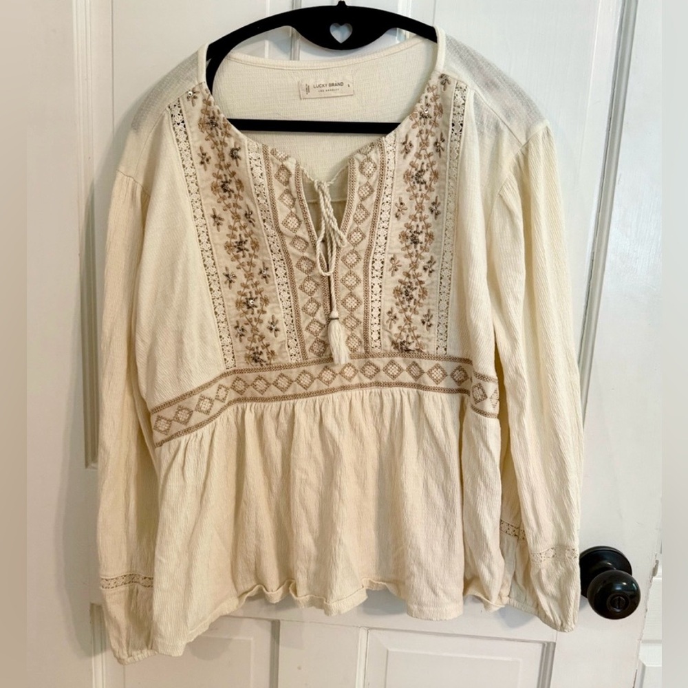 Lucky Brand Cream Embroidered Blouse Boho Cottagecore Feminine Top Small